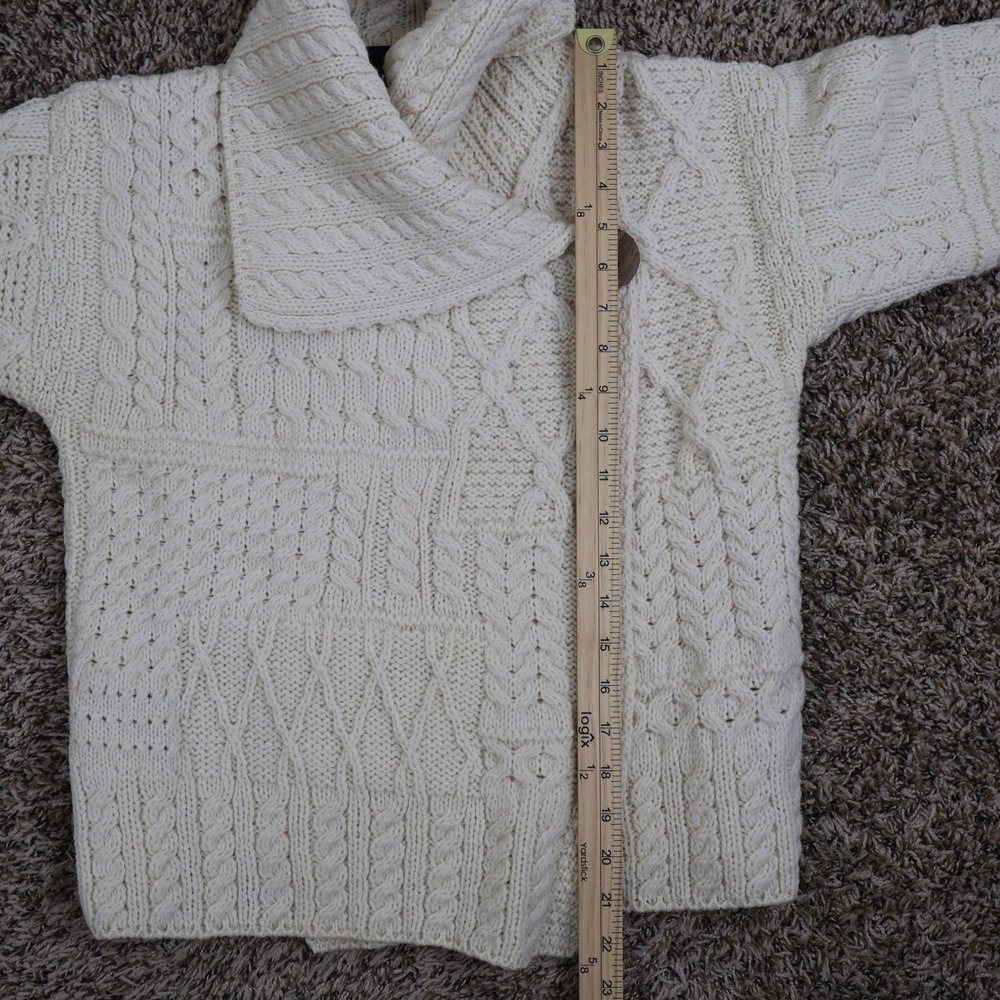 Aran Woollen Mills Merino Wool Cable Knit Wrap Cardigan S Cream Irish Sweater - Picture 10 of 11